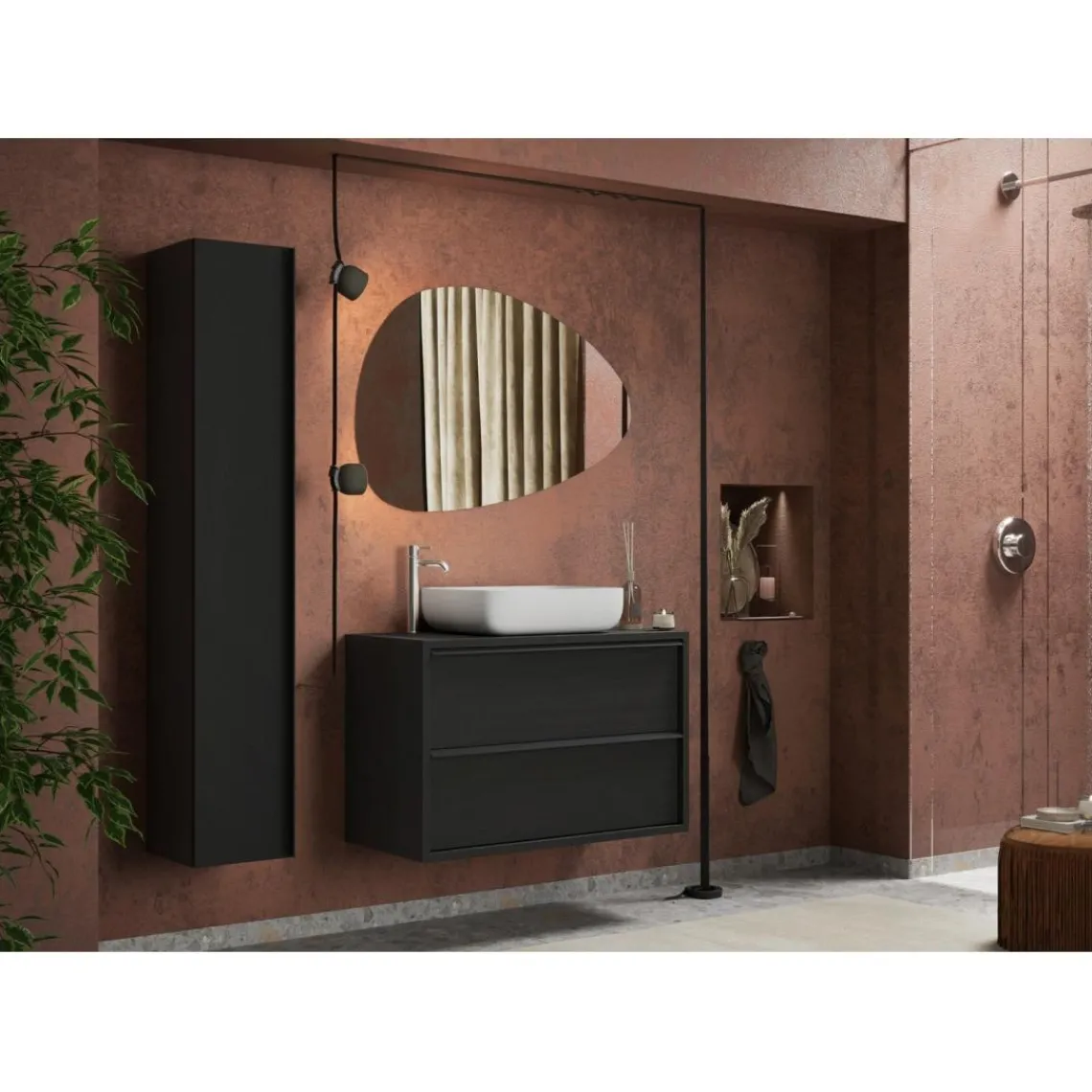 3S. x Home Meuble salle de bain suspendu coloris Frêne Noir 2 tiroirs + vasque à poser en céramique Outlet