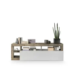 3S. x Home Meuble TV 1 abattant HAMBURG décor chene et laqué blanc Online