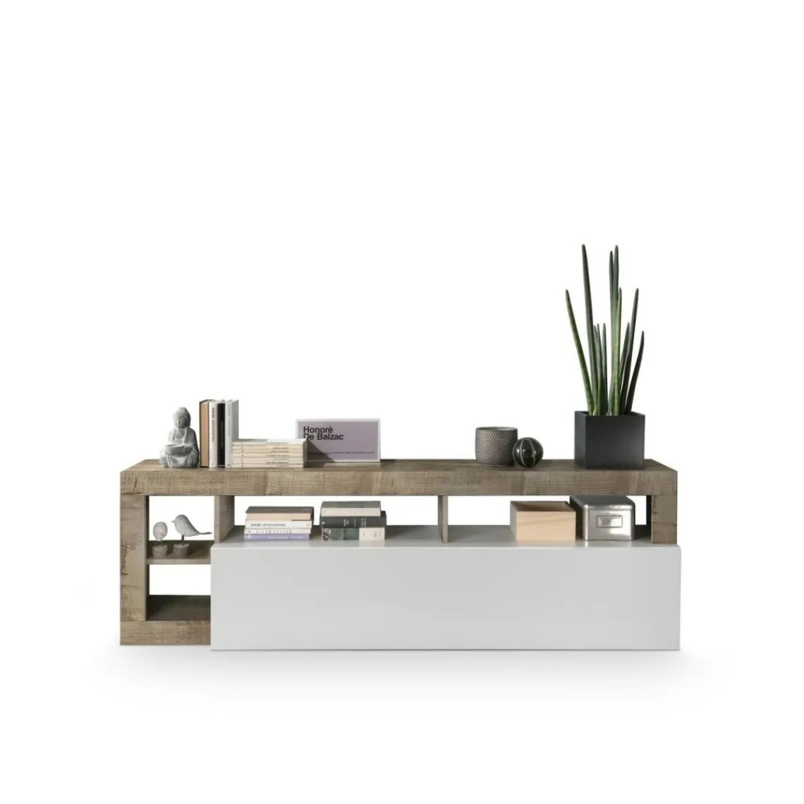 3S. x Home Meuble TV 1 abattant HAMBURG décor chene et laqué blanc Online