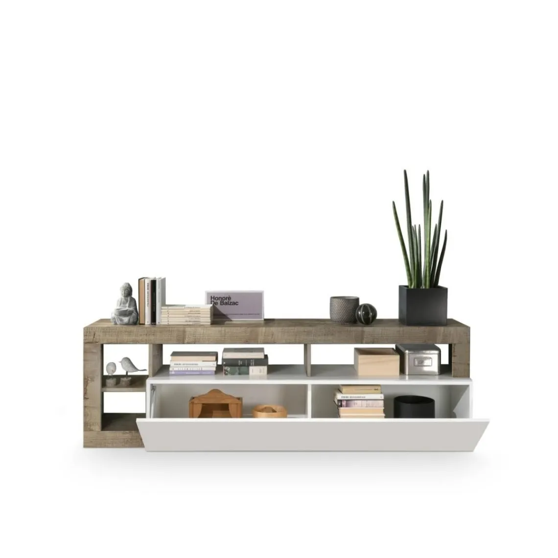 3S. x Home Meuble TV 1 abattant HAMBURG décor chene et laqué blanc Online