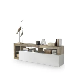 3S. x Home Meuble TV 1 abattant HAMBURG décor chene et laqué blanc Online