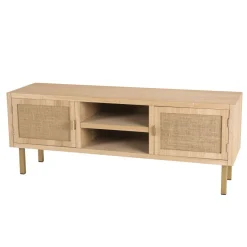 Macabane Meuble Tv 2 ALINE Niches 2 Portes Toile De Jute Pieds Métal Doré Clearance
