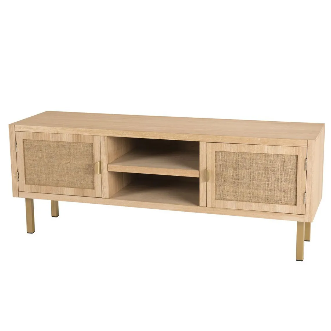 Macabane Meuble Tv 2 ALINE Niches 2 Portes Toile De Jute Pieds Métal Doré Clearance
