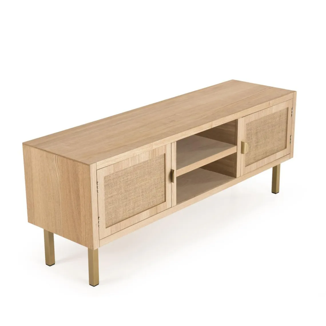 Macabane Meuble Tv 2 ALINE Niches 2 Portes Toile De Jute Pieds Métal Doré Clearance