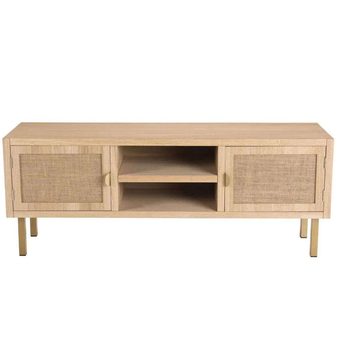 Macabane Meuble Tv 2 ALINE Niches 2 Portes Toile De Jute Pieds Métal Doré Clearance