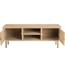 Macabane Meuble Tv 2 ALINE Niches 2 Portes Toile De Jute Pieds Métal Doré Clearance