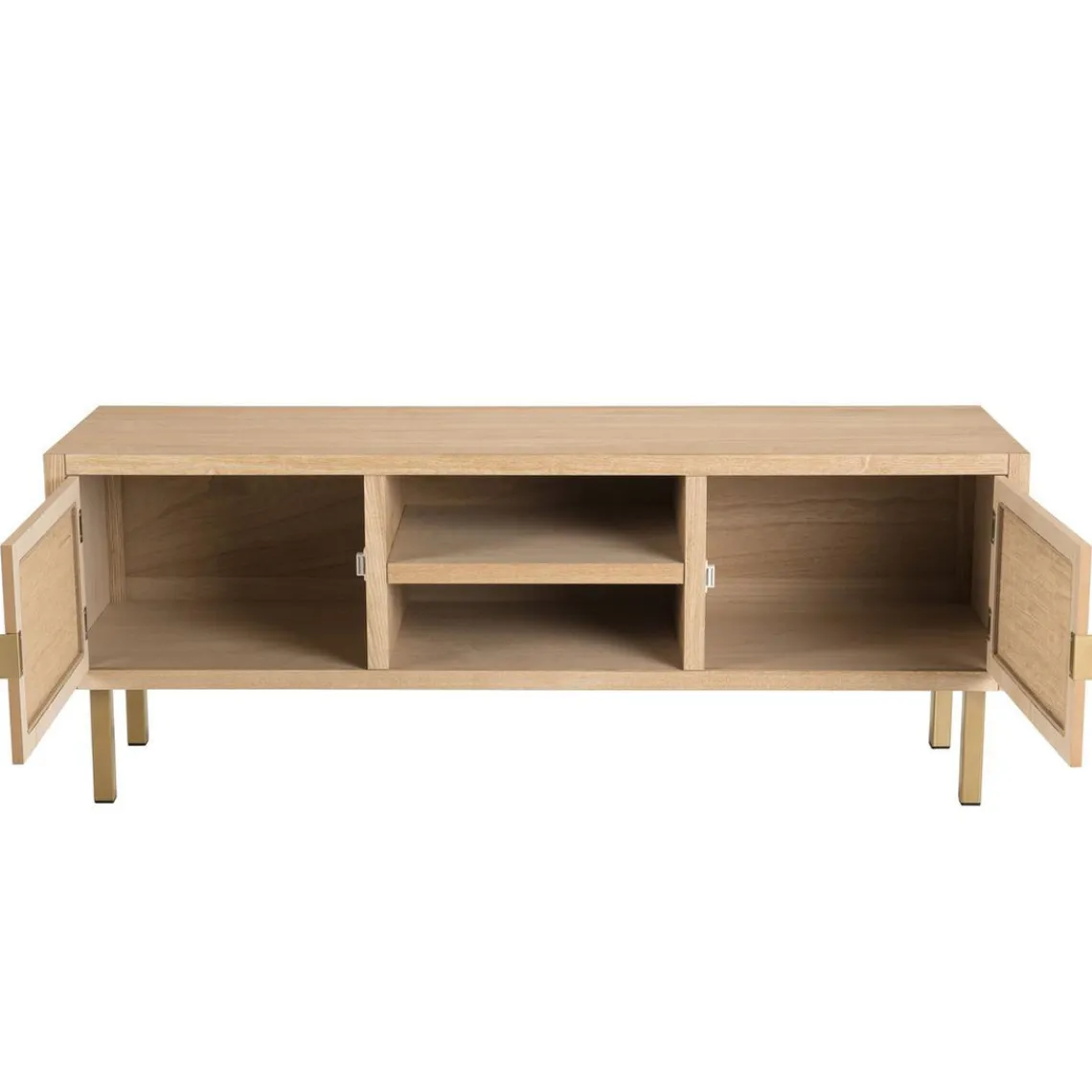 Macabane Meuble Tv 2 ALINE Niches 2 Portes Toile De Jute Pieds Métal Doré Clearance