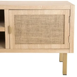 Macabane Meuble Tv 2 ALINE Niches 2 Portes Toile De Jute Pieds Métal Doré Clearance