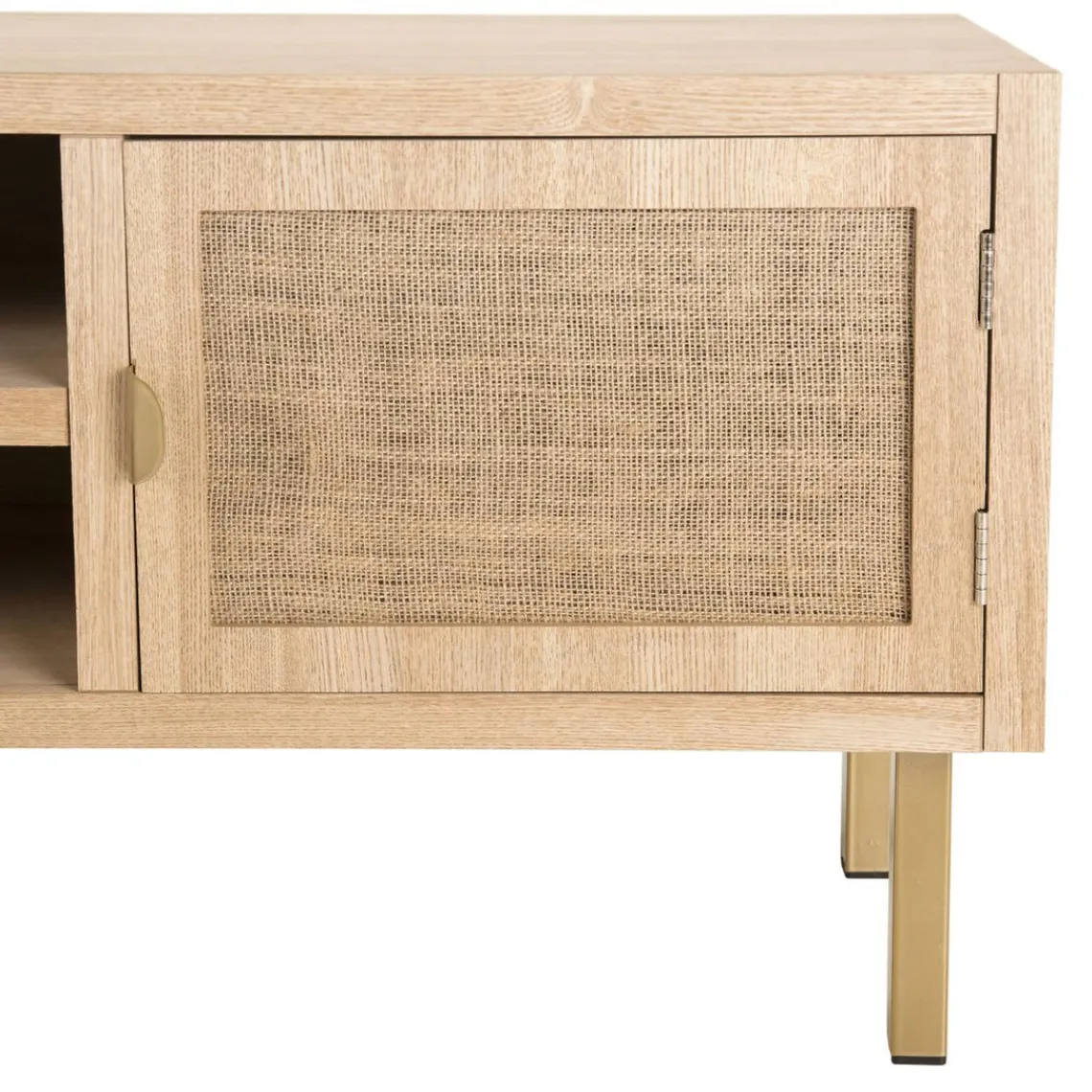 Macabane Meuble Tv 2 ALINE Niches 2 Portes Toile De Jute Pieds Métal Doré Clearance