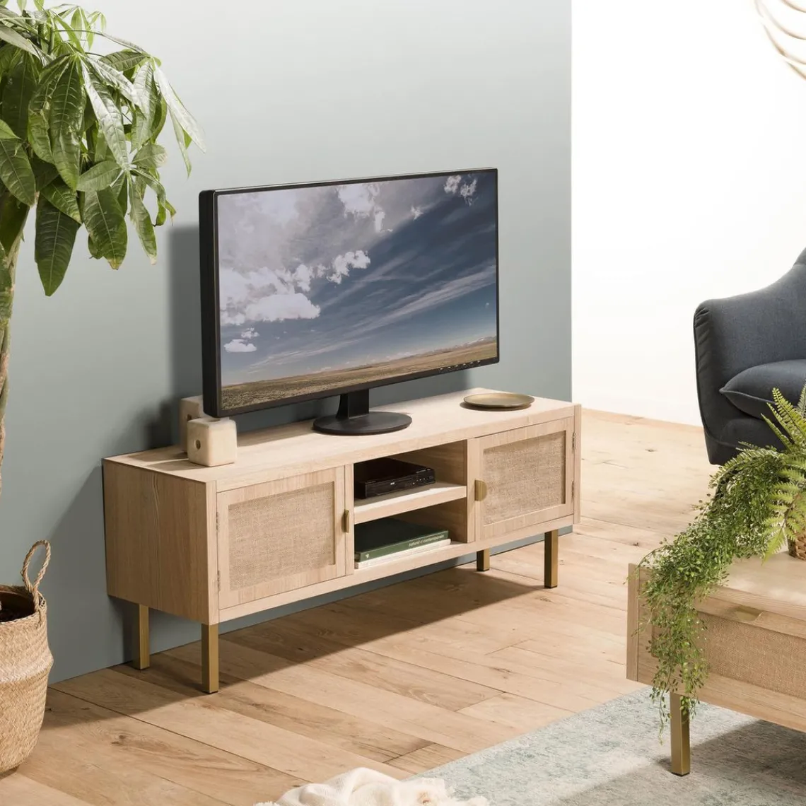 Macabane Meuble Tv 2 ALINE Niches 2 Portes Toile De Jute Pieds Métal Doré Clearance