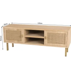 Macabane Meuble Tv 2 ALINE Niches 2 Portes Toile De Jute Pieds Métal Doré Clearance