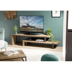 Macabane Meuble TV 2 niveaux bois de Teck recyclé et métal - NASAI Discount