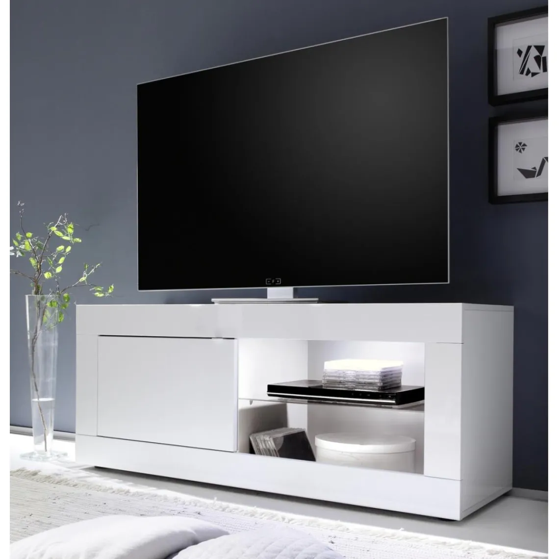 3S. x Home Meuble TV 1 porte BASIC laqué blanc brillant Clearance