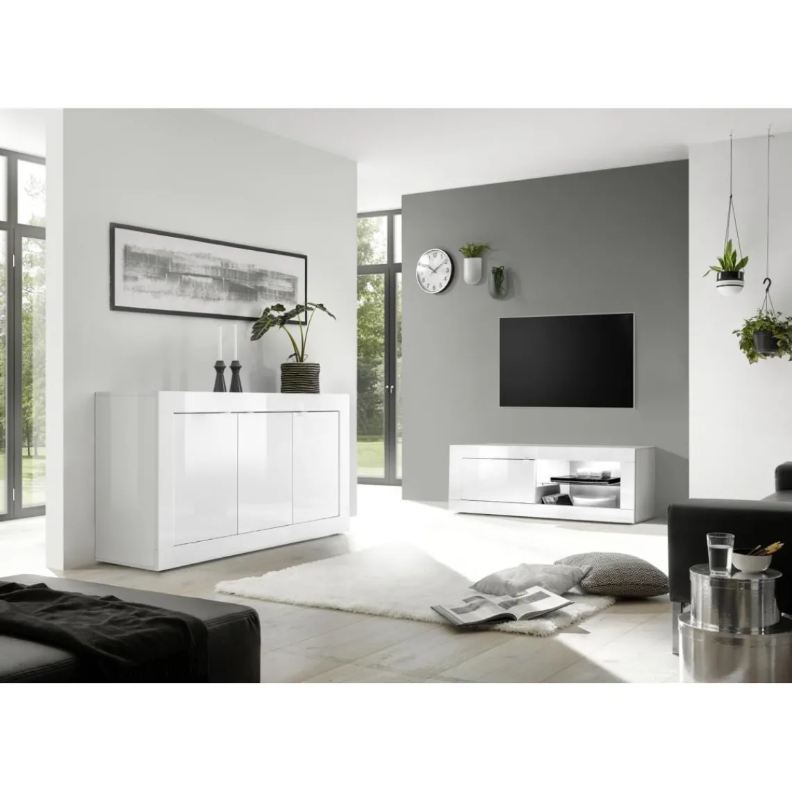 3S. x Home Meuble TV 1 porte BASIC laqué blanc brillant Clearance