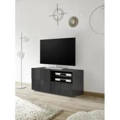 3S. x Home Meuble TV 1 porte et 1 tiroir DAMA laqué anthracite brillant