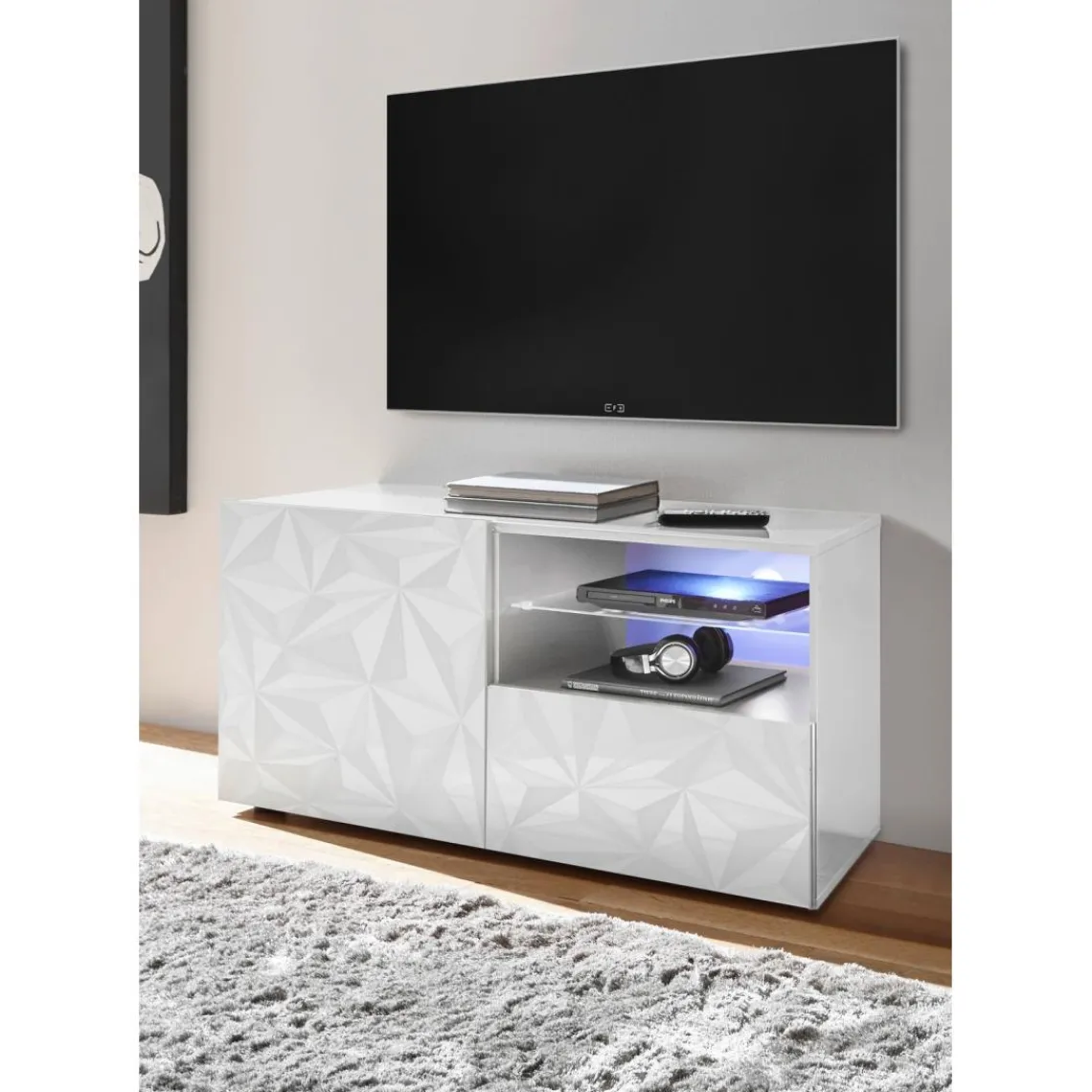 3S. x Home Meuble TV 1 porte et 1 tiroir PRISMA laqué blanc brillant Sale