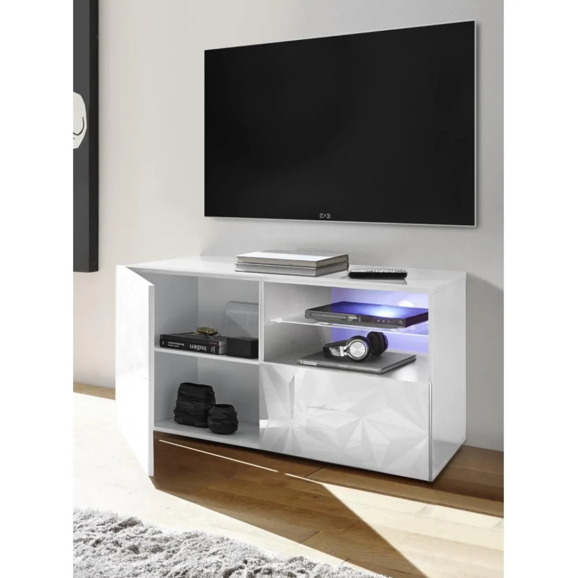 3S. x Home Meuble TV 1 porte et 1 tiroir PRISMA laqué blanc brillant Sale