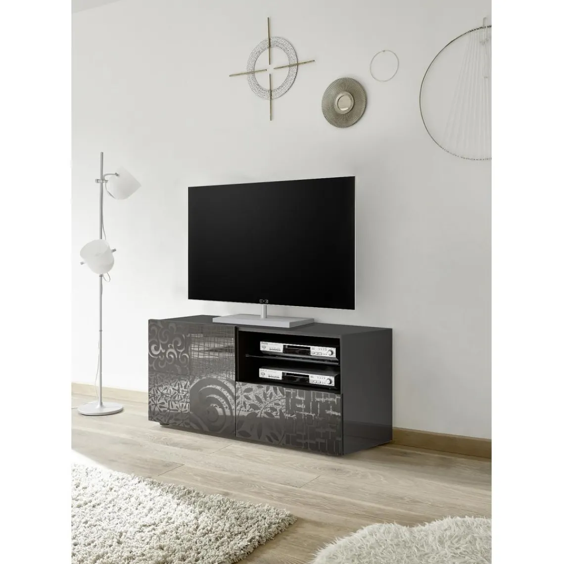 3S. x Home Meuble TV 1 porte et 1 tiroir MIRO laqué gris brillant Best