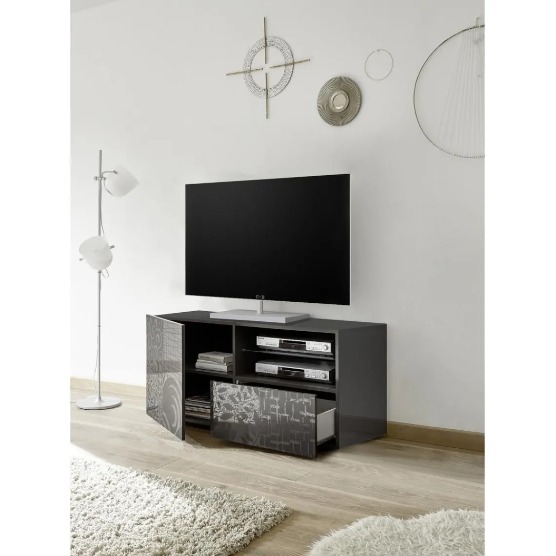 3S. x Home Meuble TV 1 porte et 1 tiroir MIRO laqué gris brillant Best