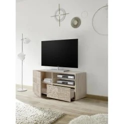 3S. x Home Meuble TV 1 porte et 1 tiroir MIRO décor chêne New