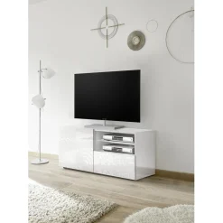 3S. x Home Meuble TV 1 porte et 1 tiroir MIRO laqué blanc brillant Best