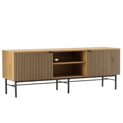 Macabane Meuble TV 2 portes 2 niches décor effet bois rainuré noir naturel SCOTT Hot