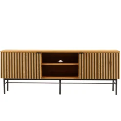 Macabane Meuble TV 2 portes 2 niches décor effet bois rainuré noir naturel SCOTT Hot