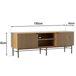 Macabane Meuble TV 2 portes 2 niches décor effet bois rainuré noir naturel SCOTT Hot