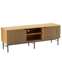 Macabane Meuble TV 2 portes 2 niches décor effet bois rainuré noir naturel SCOTT Hot