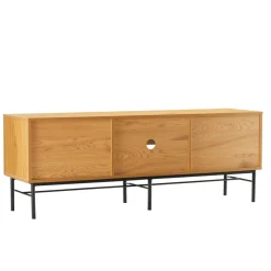 Macabane Meuble TV 2 portes 2 niches décor effet bois rainuré noir naturel SCOTT Hot