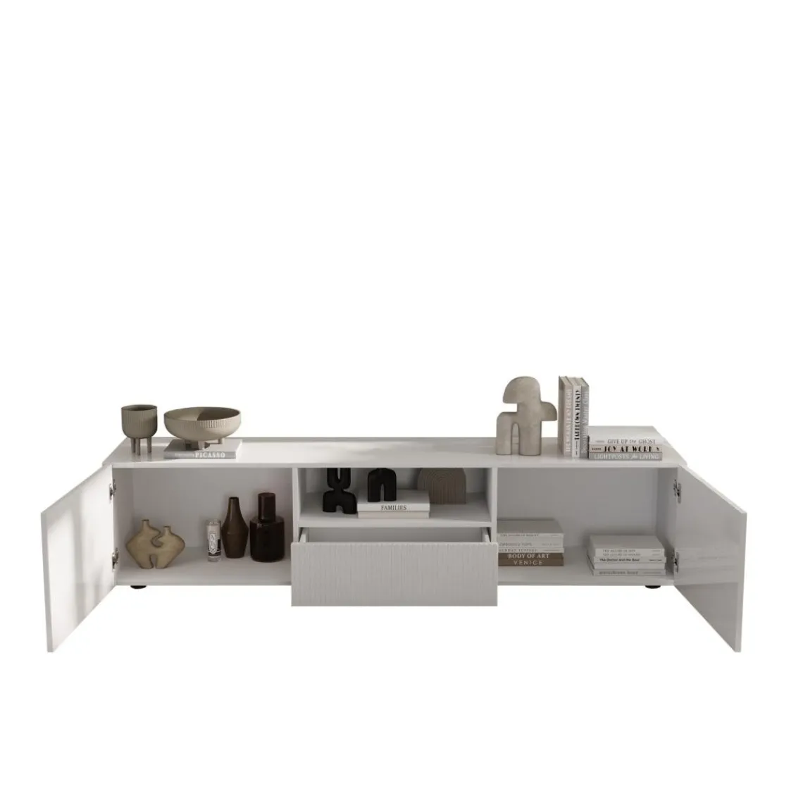 3S. x Home Meuble TV 2 portes 1 tiroir RIO blanc laqué brillant Discount