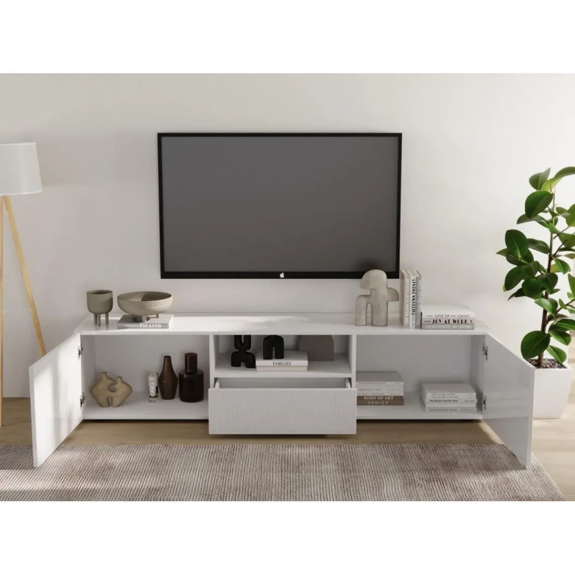 3S. x Home Meuble TV 2 portes 1 tiroir RIO blanc laqué brillant Discount