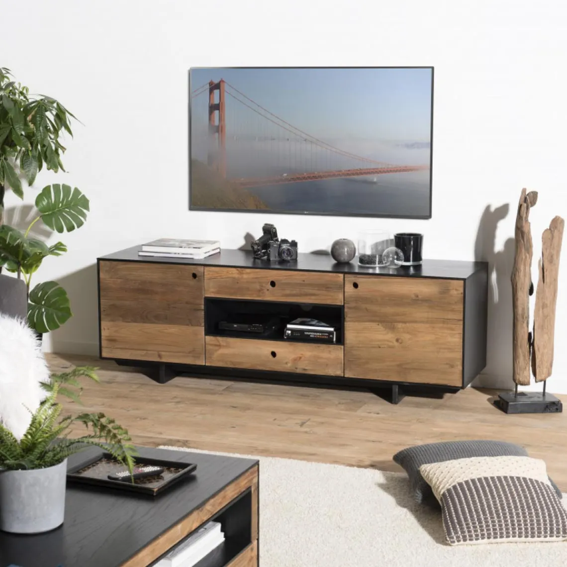 Macabane Meuble TV 2 portes 2 tiroirs 1 niche Pin recyclé DANIDO New