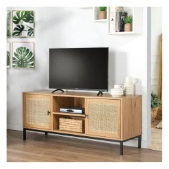 Calicosy Meuble TV 2 Portes avec Cannage Rotin et 2 Niches en bois Beige Online