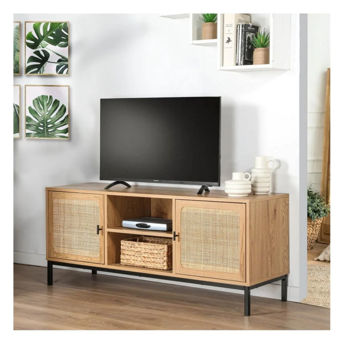Calicosy Meuble TV 2 Portes avec Cannage Rotin et 2 Niches en bois Beige Online