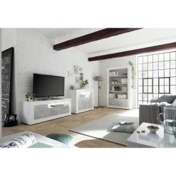 3S. x Home Meuble TV 3 portes battantes URBINO blanc brillant et cement Discount