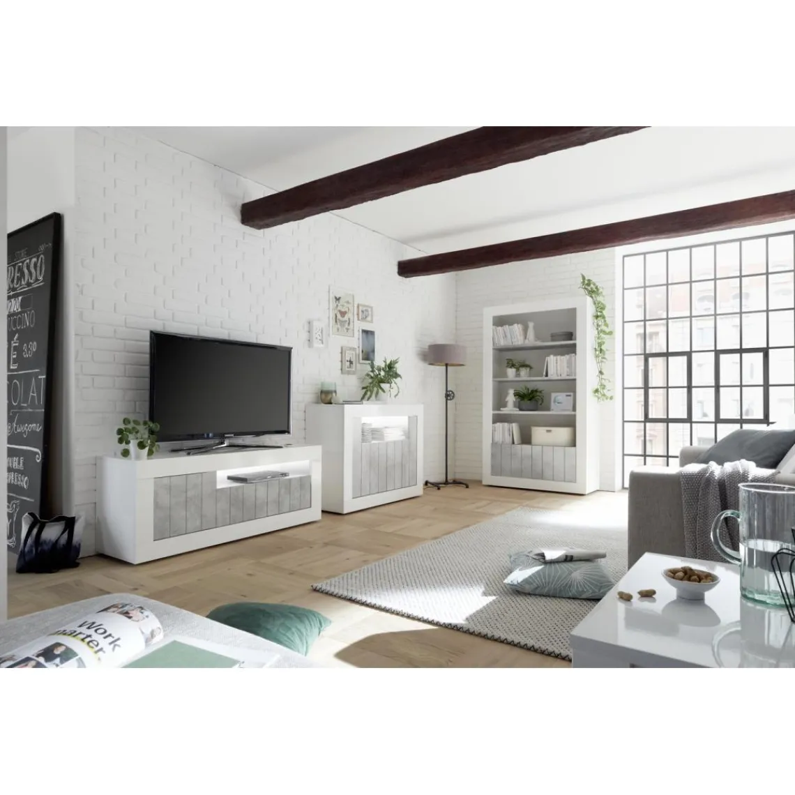 3S. x Home Meuble TV 3 portes battantes URBINO blanc brillant et cement Discount