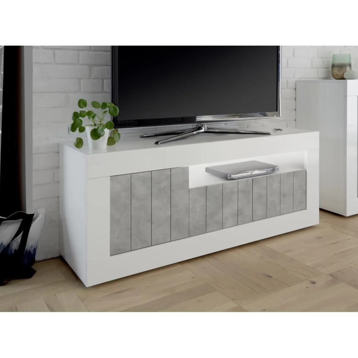 3S. x Home Meuble TV 3 portes battantes URBINO blanc brillant et cement Discount