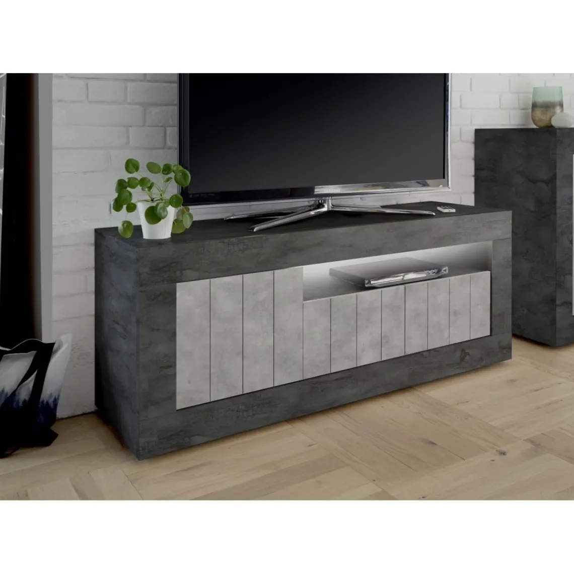 3S. x Home Meuble TV 3 portes battantes URBINO oxyde et cement New