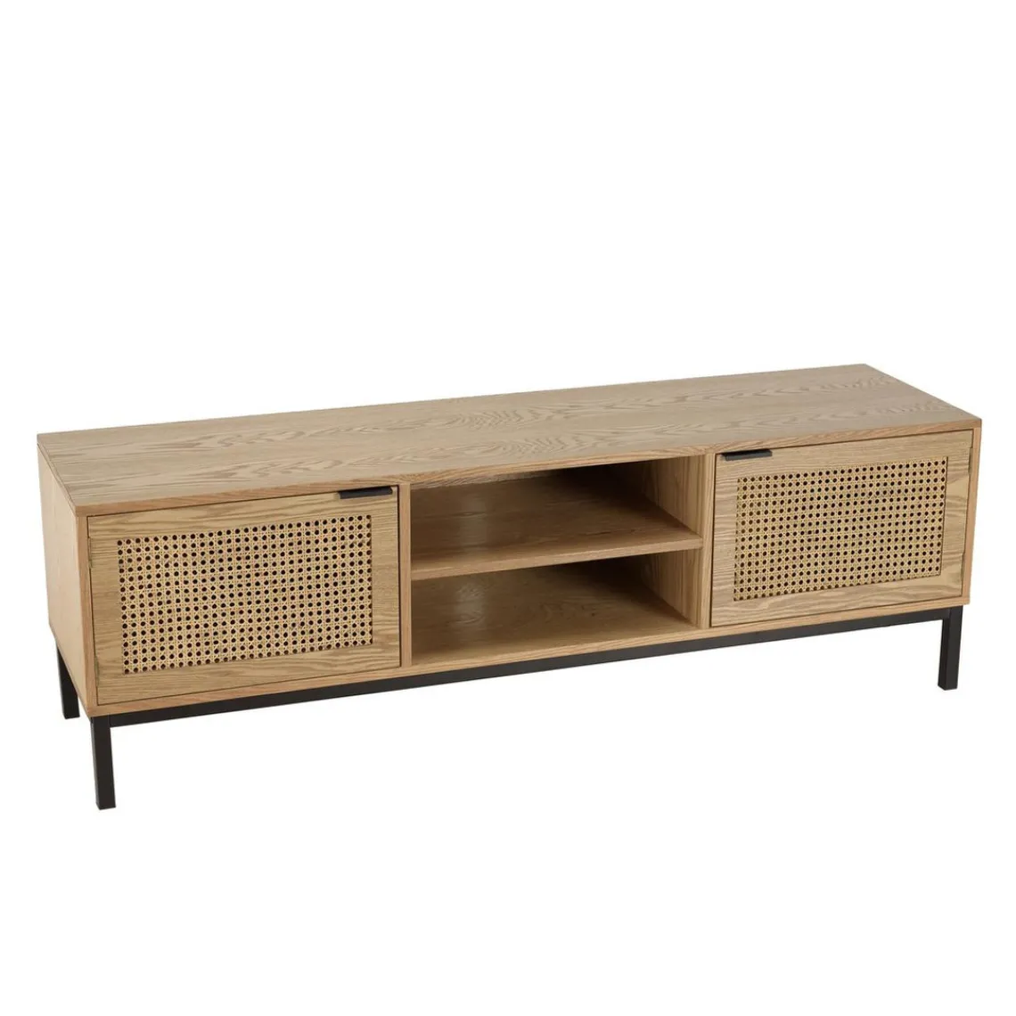 Macabane Meuble TV 2 portes cannage naturel pieds métal noir MARCEAU Clearance