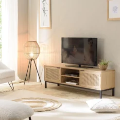 Macabane Meuble TV 2 portes cannage naturel pieds métal noir MARCEAU Clearance