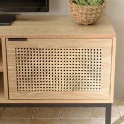 Macabane Meuble TV 2 portes cannage naturel pieds métal noir MARCEAU Clearance