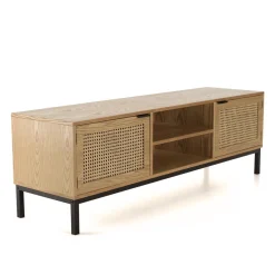Macabane Meuble TV 2 portes cannage naturel pieds métal noir MARCEAU Clearance