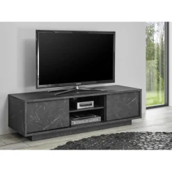 3S. x Home Meuble TV 2 portes CARRARA décor marbre noir New