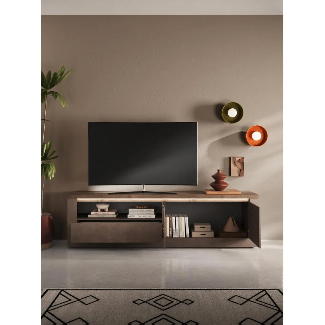 3S. x Home Meuble tv 2 portes et 1 Tiroir et niche ISCHIA avec éclairage LED intégré Sale