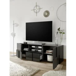 3S. x Home Meuble TV 2 portes et 1 tiroir DAMA laqué anthracite brillant Hot