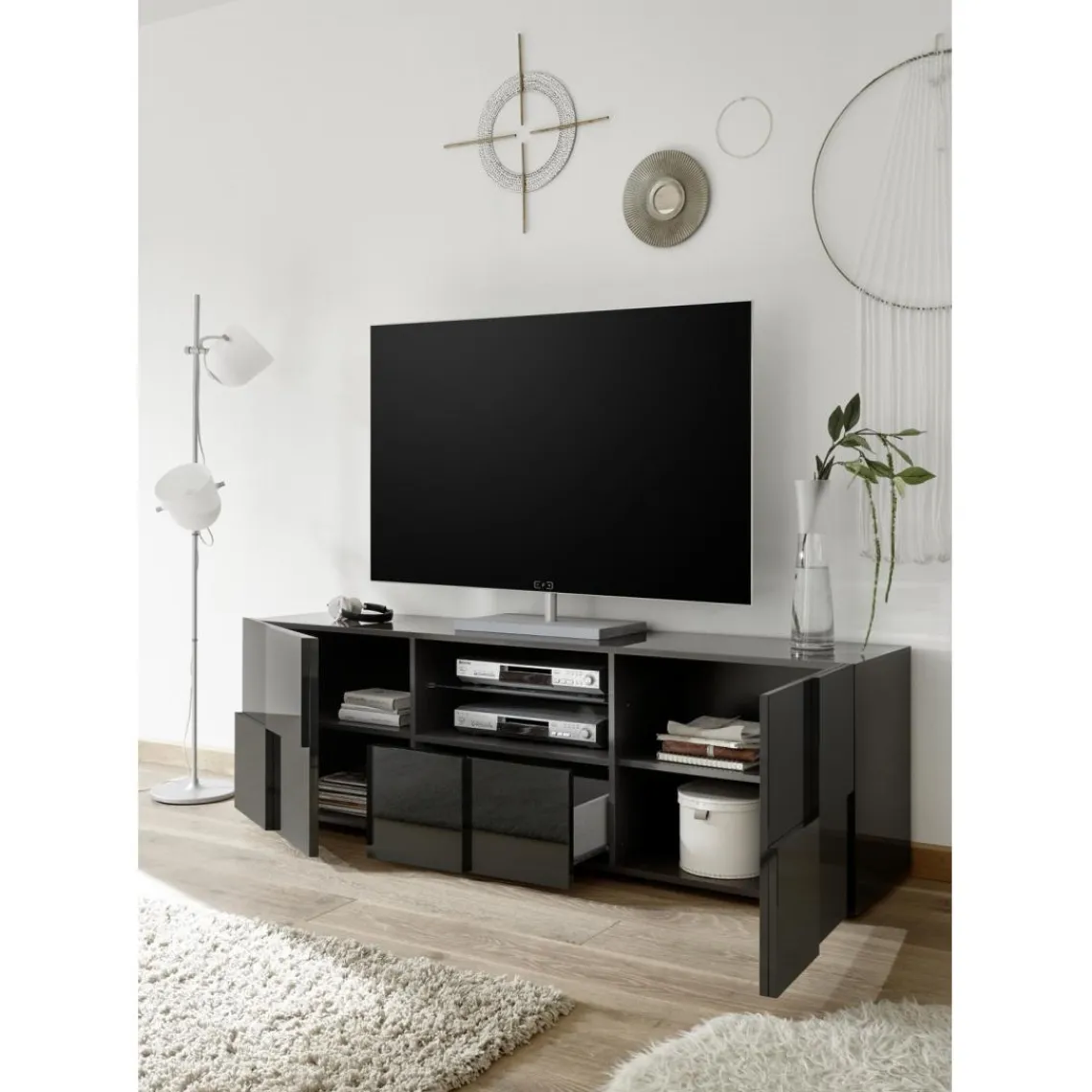 3S. x Home Meuble TV 2 portes et 1 tiroir DAMA laqué anthracite brillant Hot