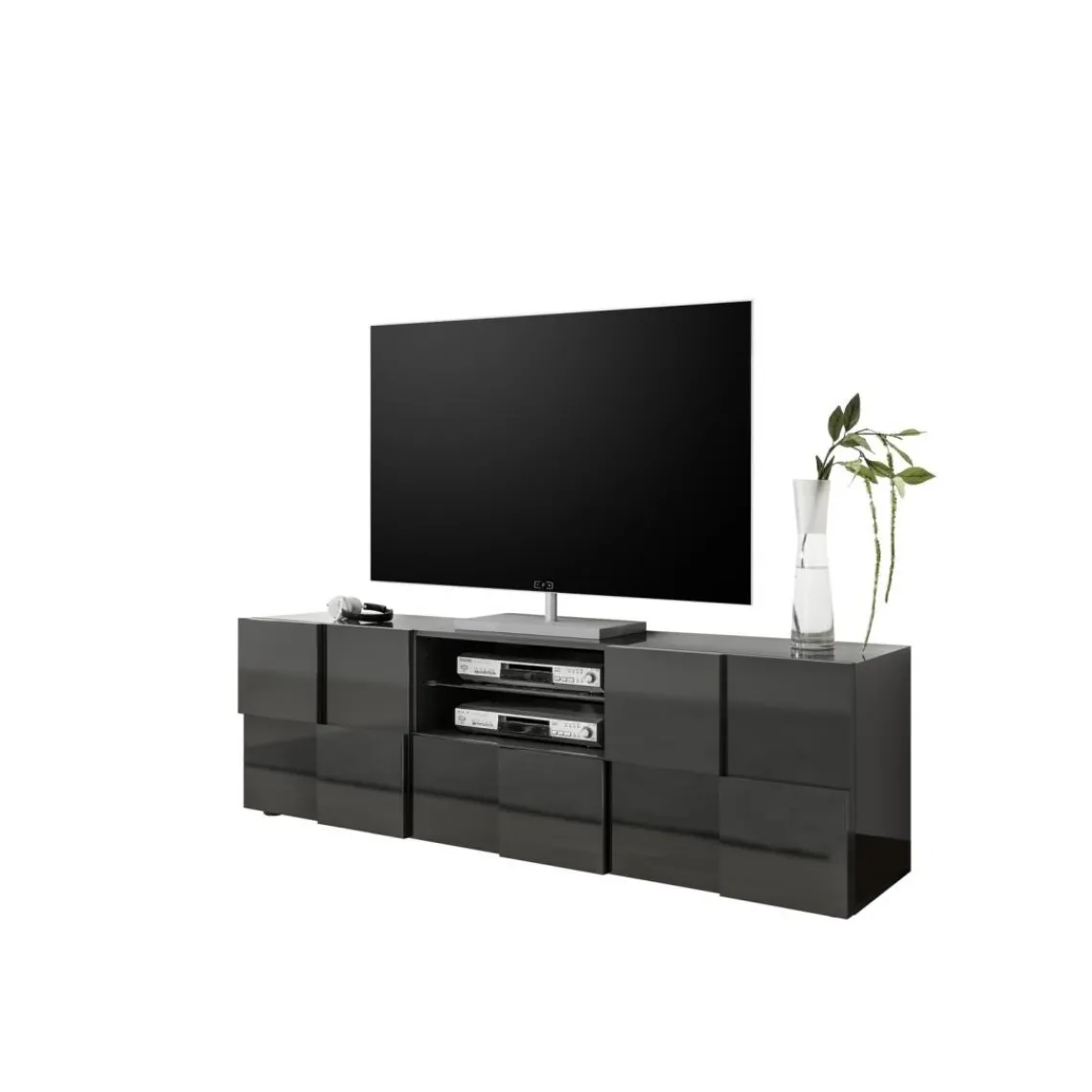 3S. x Home Meuble TV 2 portes et 1 tiroir DAMA laqué anthracite brillant Hot