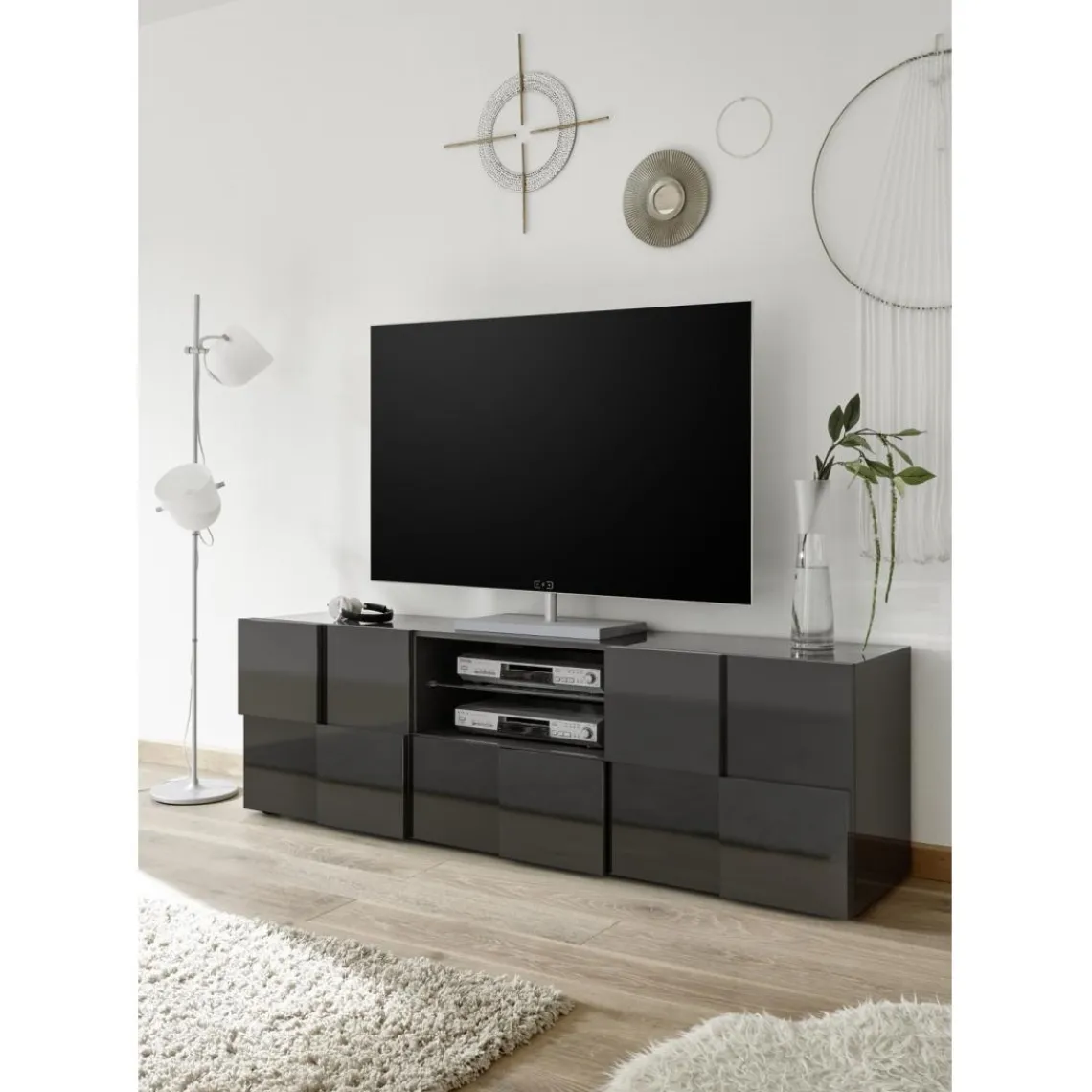 3S. x Home Meuble TV 2 portes et 1 tiroir DAMA laqué anthracite brillant Hot