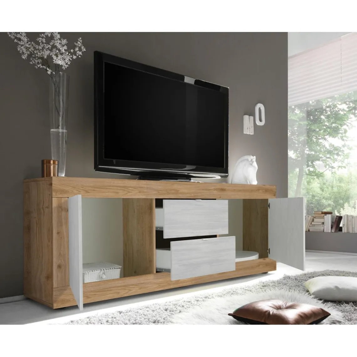 3S. x Home Meuble TV 2 portes et 2 tiroirs